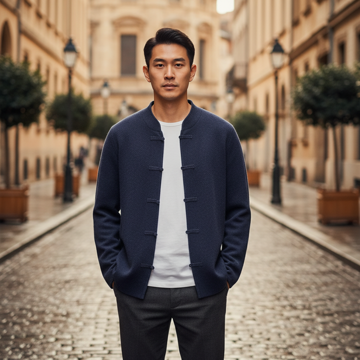 Cardigan Uomo Stile Cinese con Bottoni Rana in Materiale di Qualità