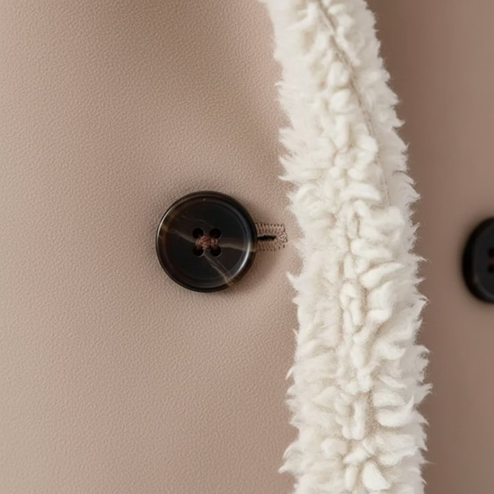 Cappotto Donna in Pelle Sintetica con Collo in Pelliccia e Bottoni