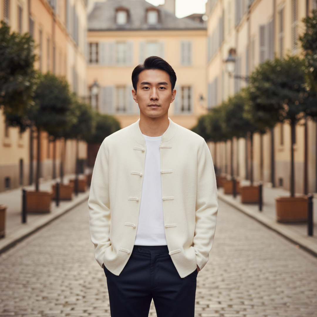 Cardigan Uomo Stile Cinese con Bottoni Rana in Materiale di Qualità