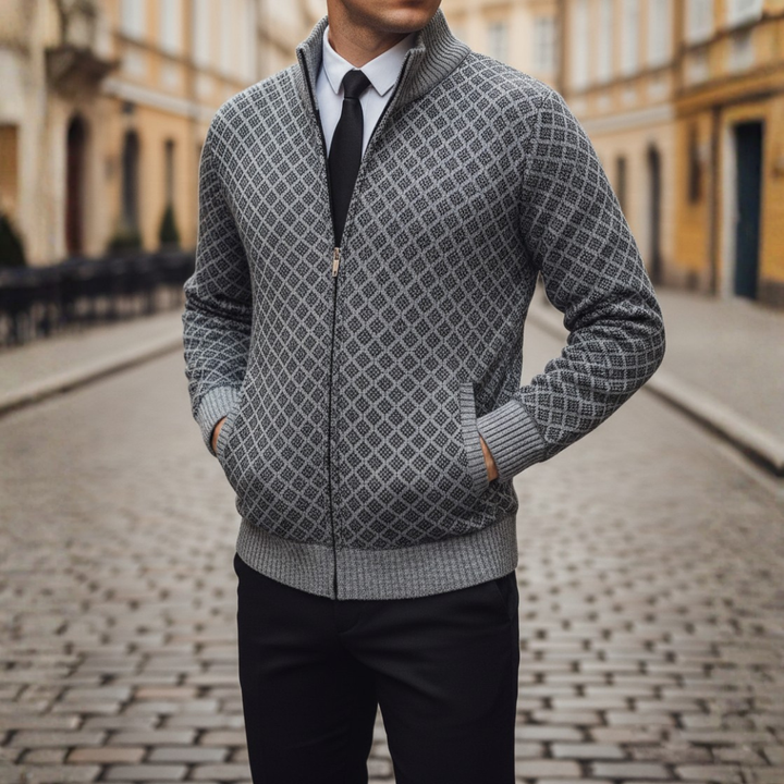 Cardigan Uomo con Zip e Fantasia in Materiale di Alta Qualità con Colletto Alto