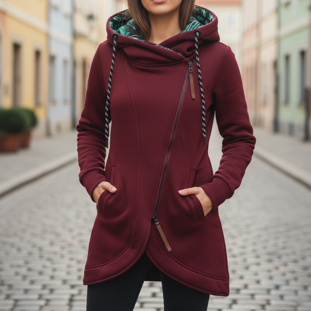 Felpa Lunga Donna Materiale Alta Qualità Cappuccio Asimmetrica Casual