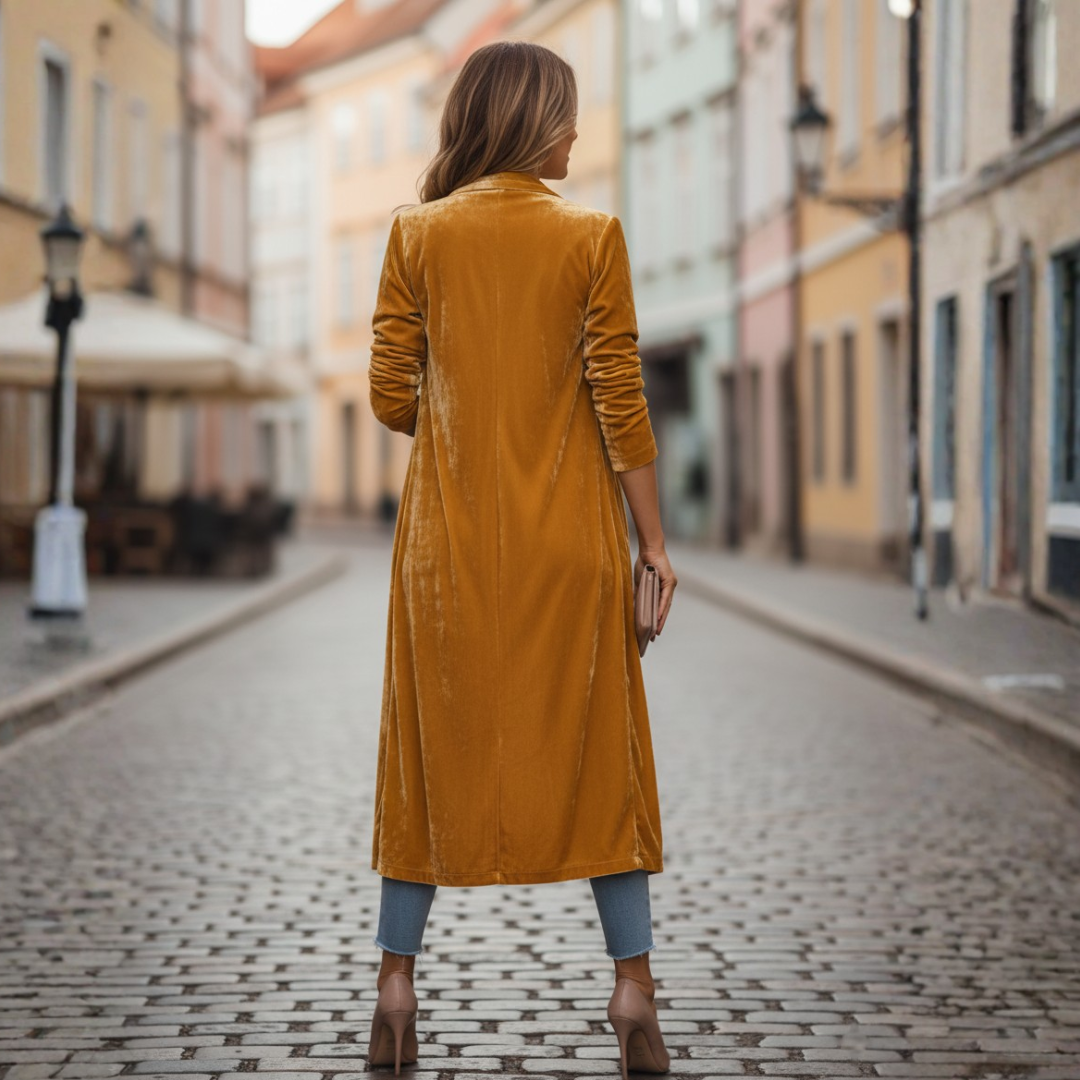 Cappotto Lungo Donna in Velluto con Collo a Scialle