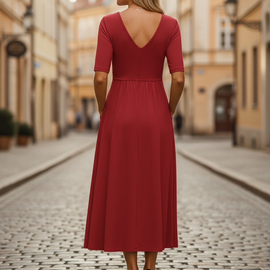 Abito Midi da Donna Lavorato con Pieghe e Scollo a V