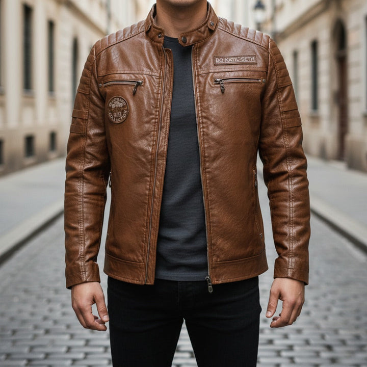 Herren Biker Lederjacke mit Reißverschluss