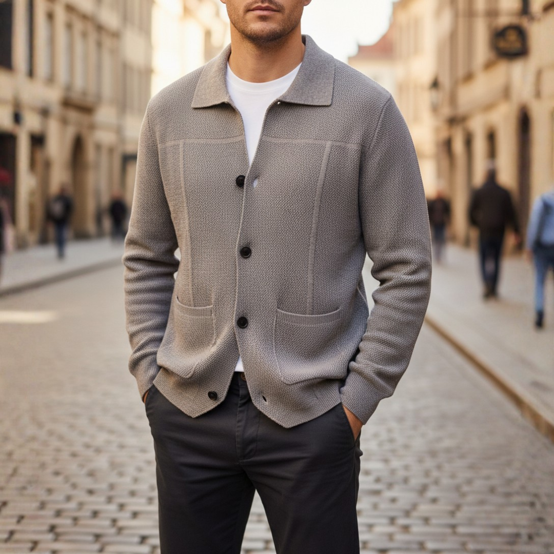 Cardigan Uomo con Bottoni e Colletto in Filato