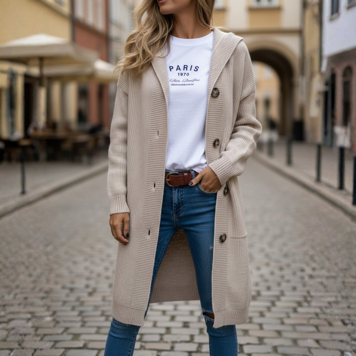 Cardigan donna lungo in maglia con cappuccio