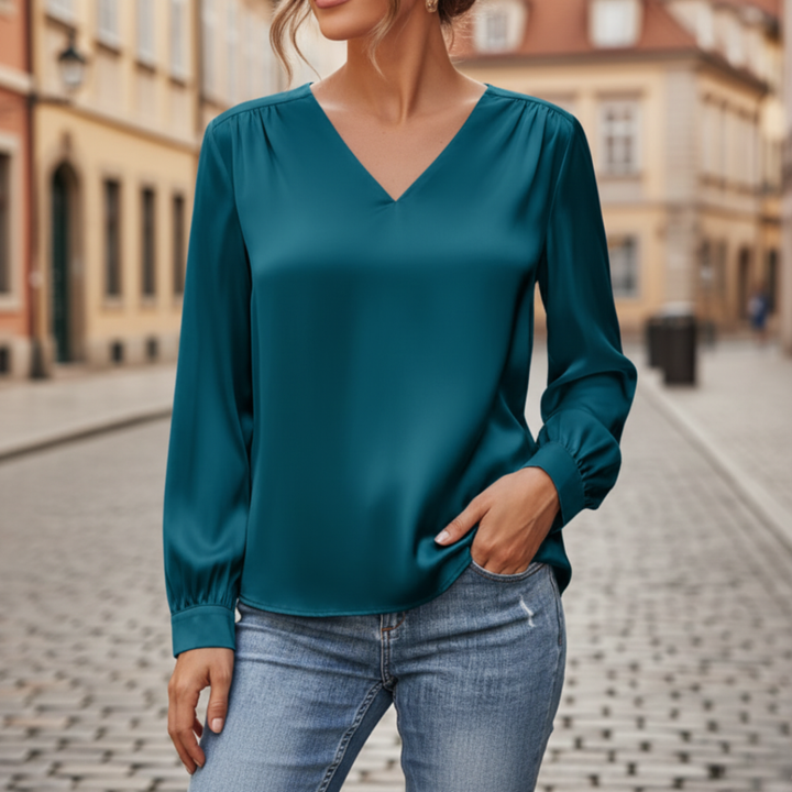 Blusa Satinata Donna Maniche Lunghe V Collo Materiale Setoso