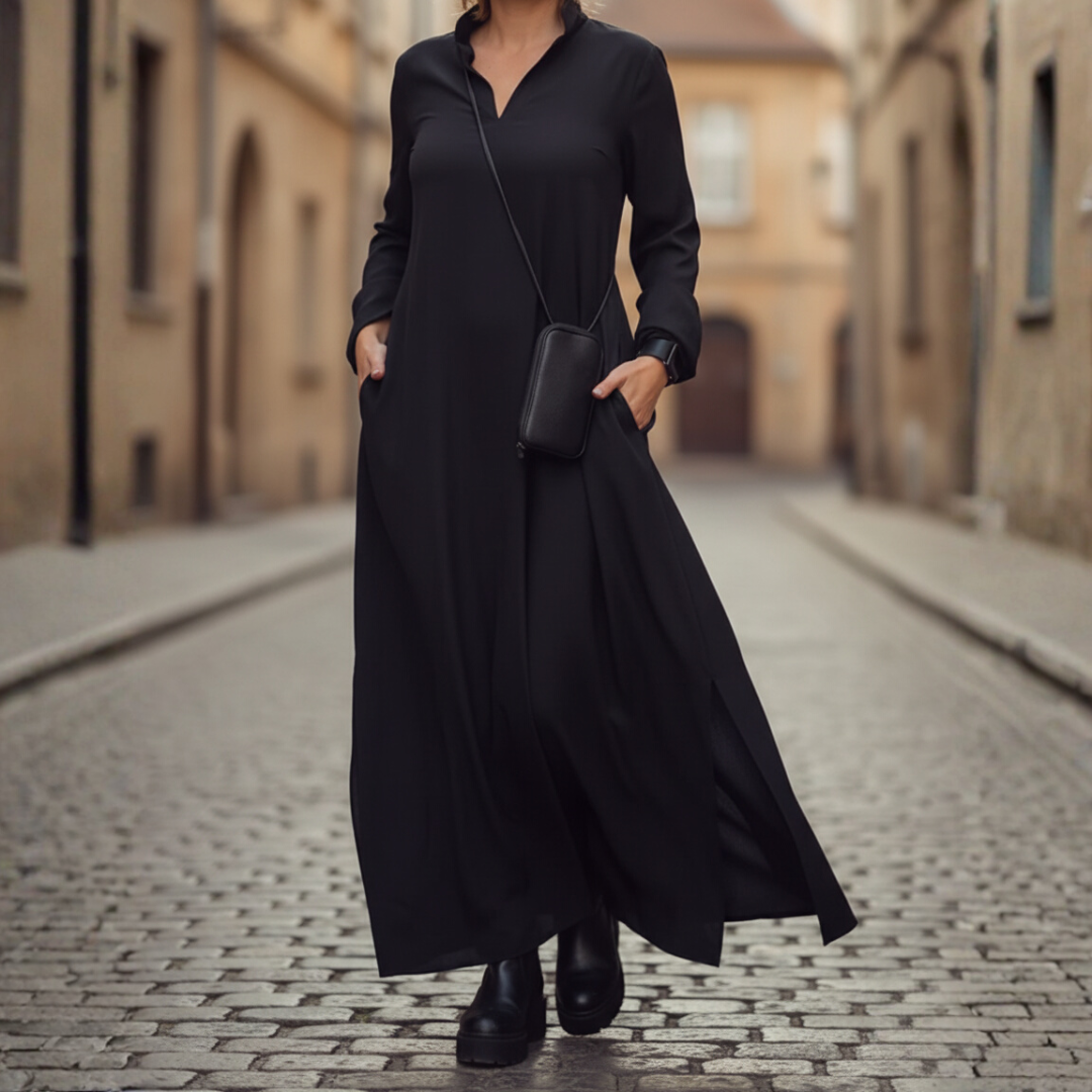 Abito Lungo Donna Collo Alto con Tasche