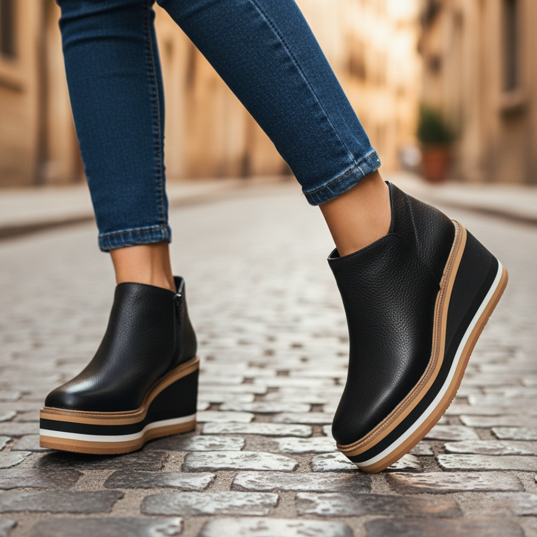 Stivaletti donna similpelle con zip e tacco wedge