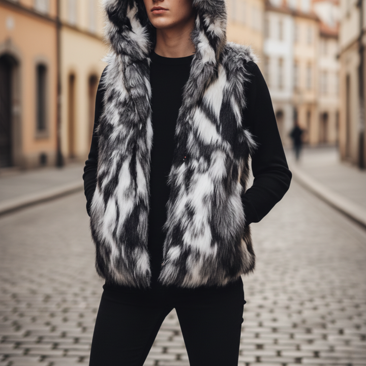 Gilet Uomo in Pelliccia Sintetica con Cappuccio Disponibile