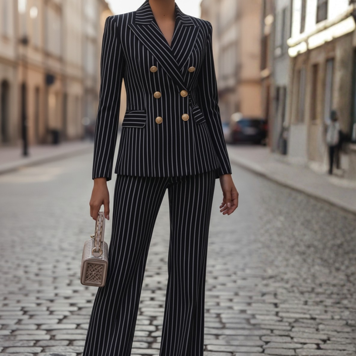 Abito Donna Completo Blazer Pantalone Strisce Blu Nero Tessuto