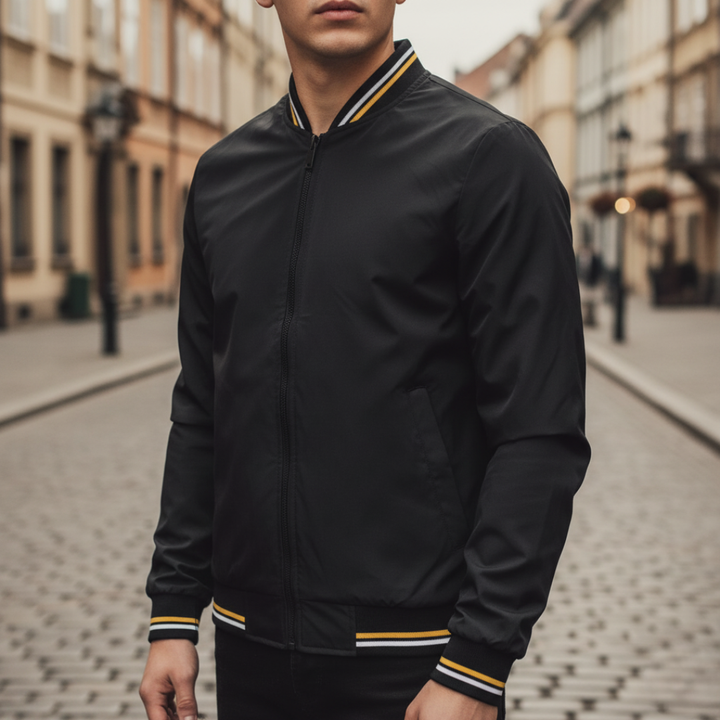 Giacca Bomber Uomo in Tessuto con Zip e Dettagli a Righe