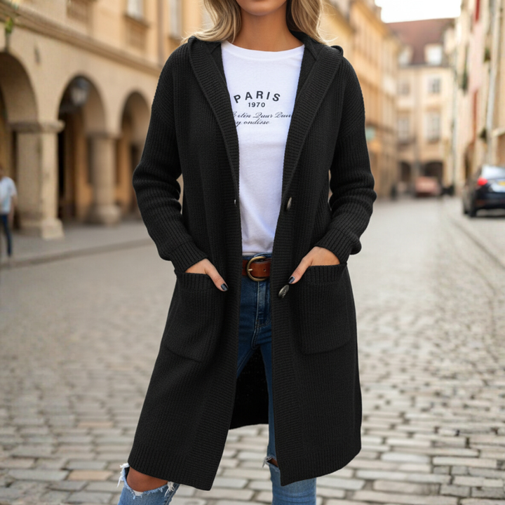 Cardigan donna lungo in maglia con cappuccio