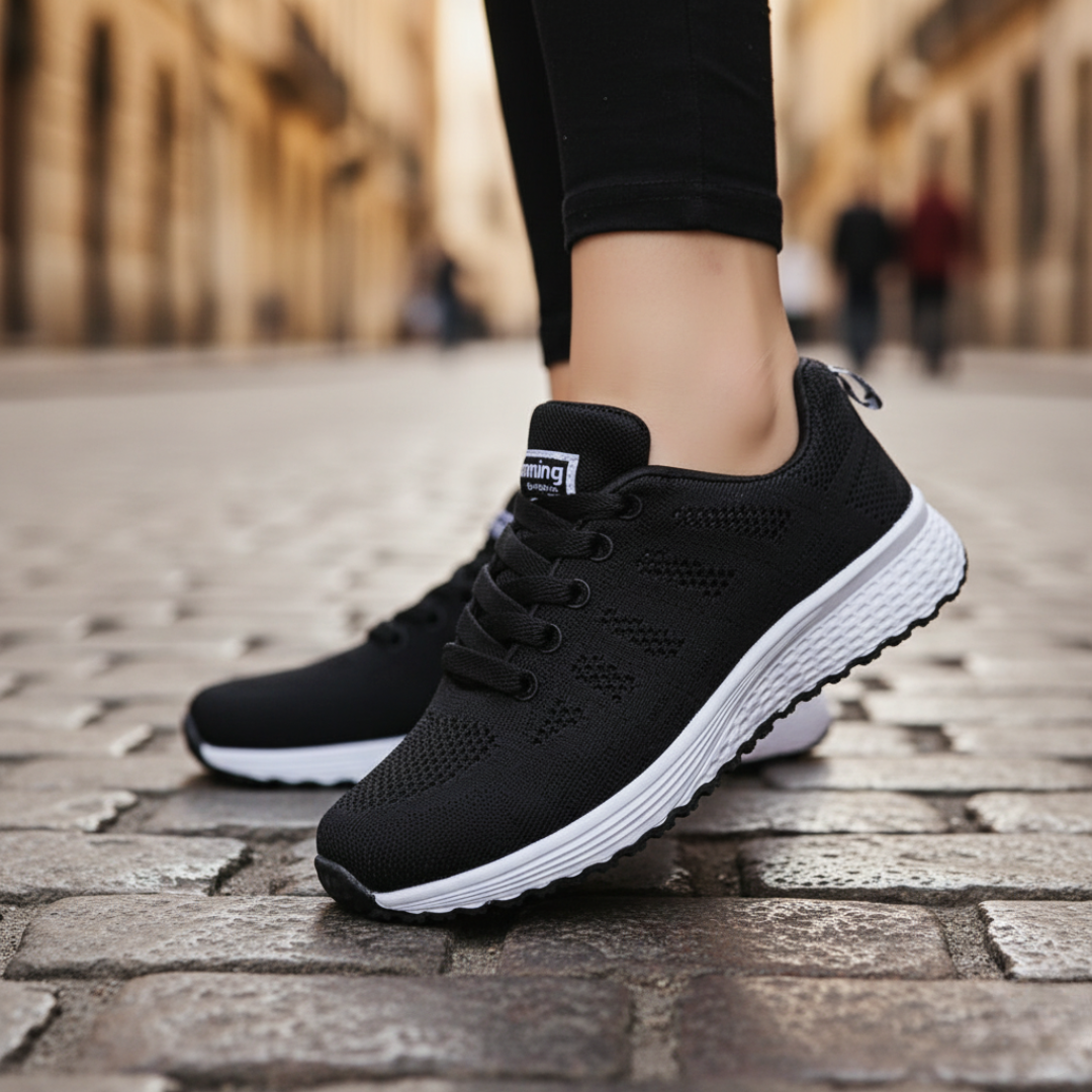 Scarpe da corsa donna nere in mesh traspirante con suola bianca