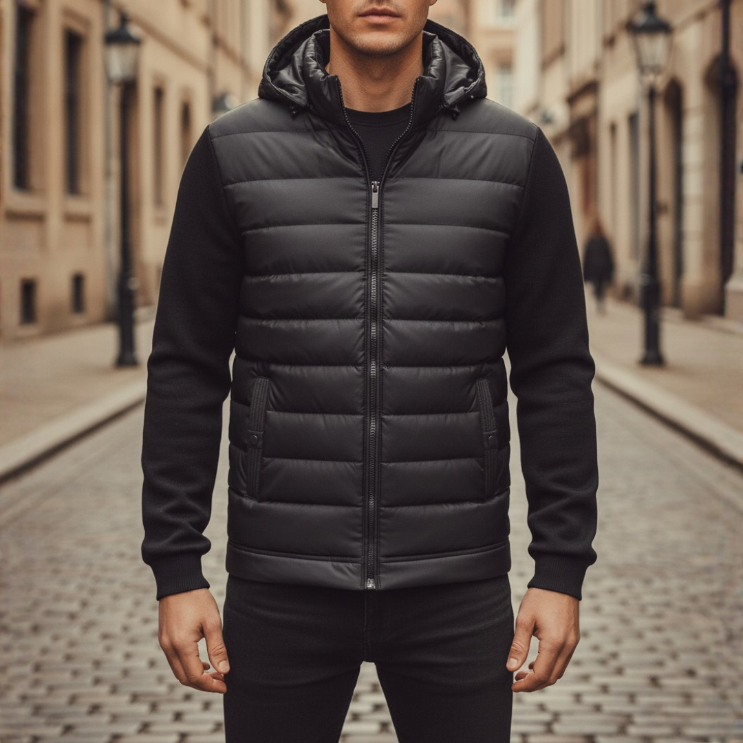 Men's Hybrid Jacket in Technical Fabric with Hood