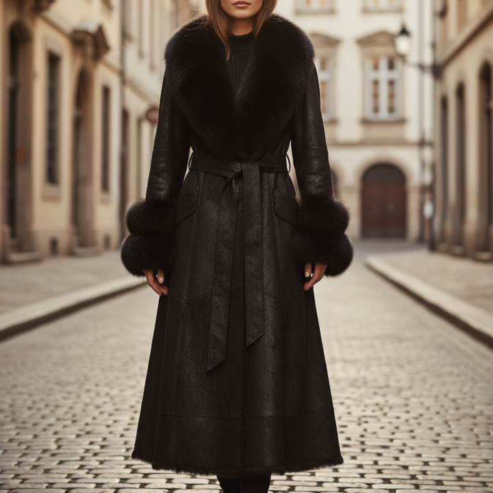 Cappotto Donna Lungo in Pelle Sintetica con Collare in Pelliccia
