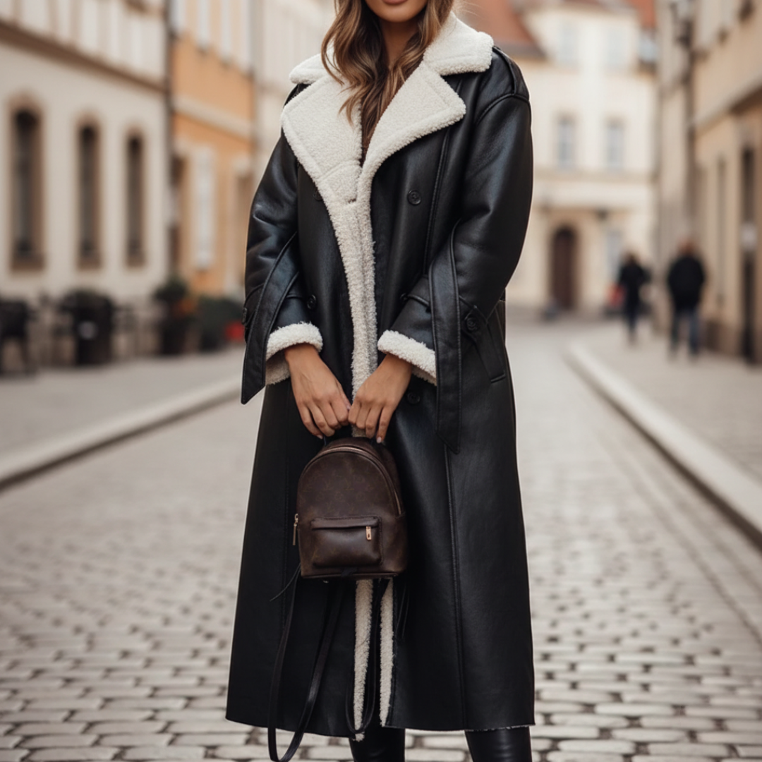 Cappotto Donna in Pelle Sintetica con Collo in Pelliccia e Bottoni