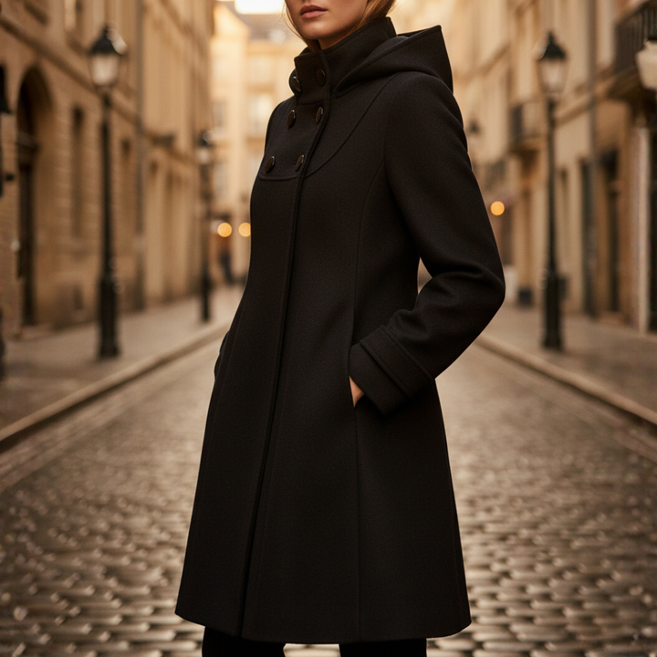 Cappotto Invernale Donna Materiale Misto con Cappuccio e Bottoni