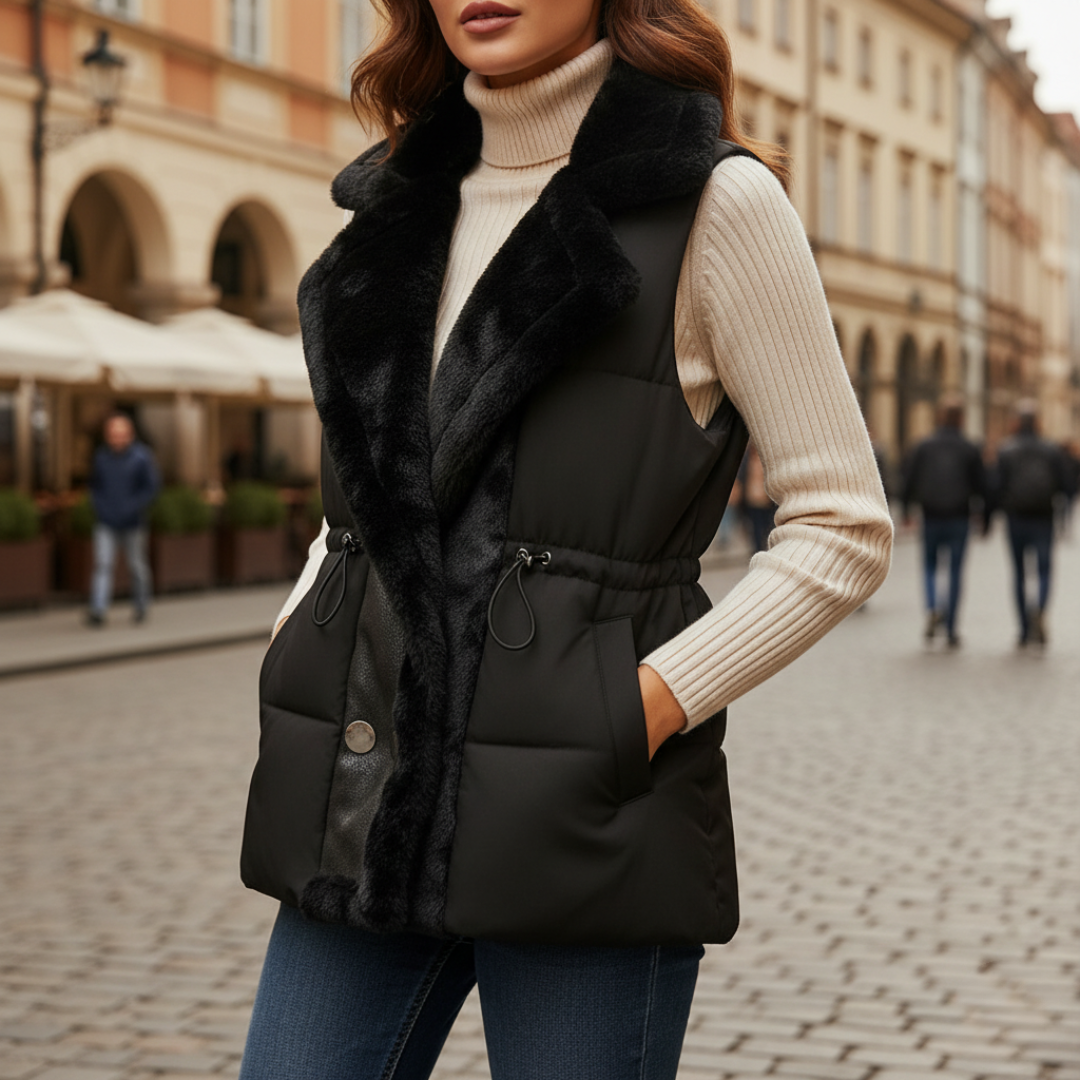Gilet imbottito donna con collo in pelliccia sintetica