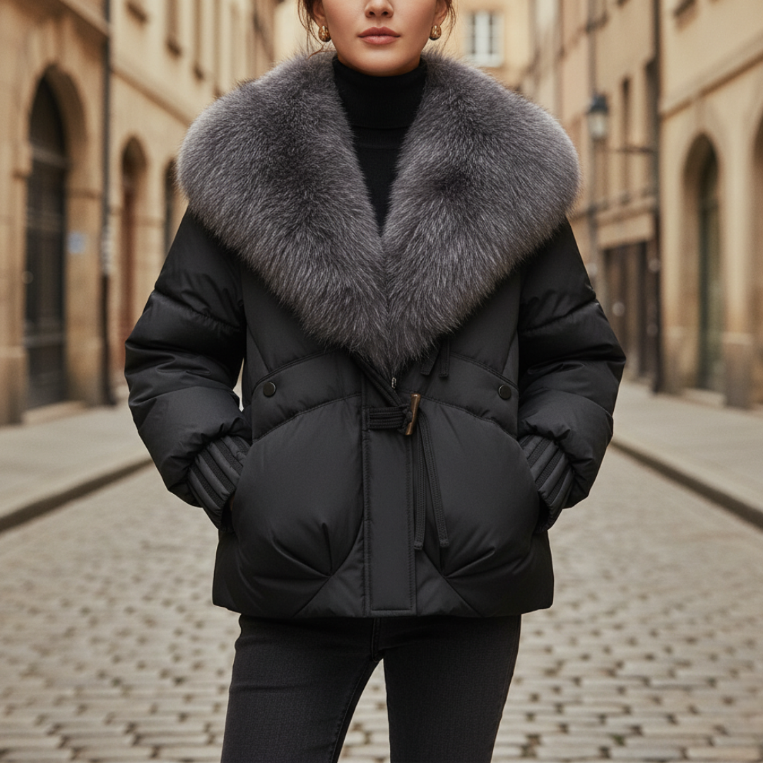 Piumino Donna Invernale Corto con Collo in Pelliccia