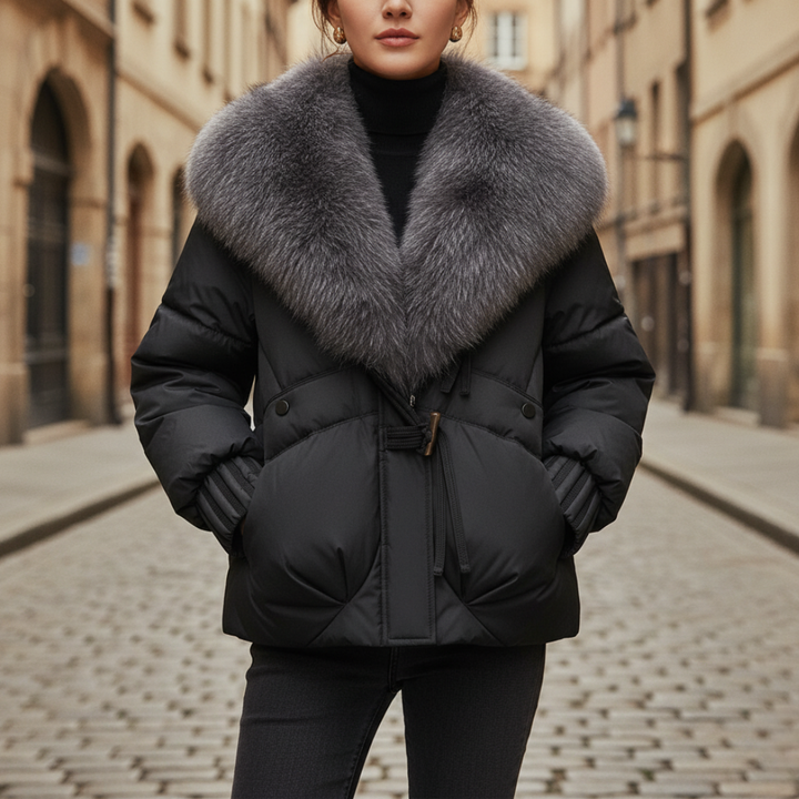 Piumino Donna Invernale Corto con Collo in Pelliccia