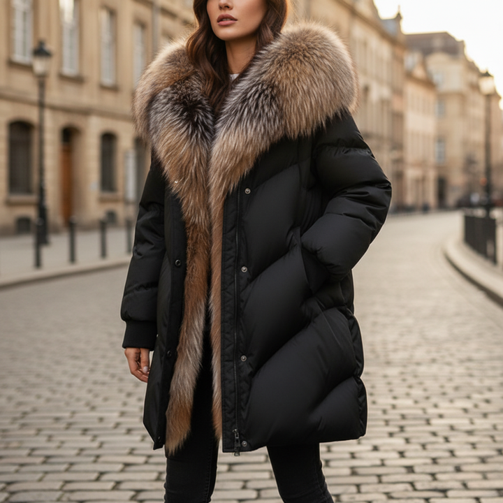 Piumino Donna in Tessuto Tecnico con Colletto in Pelliccia Sintetica