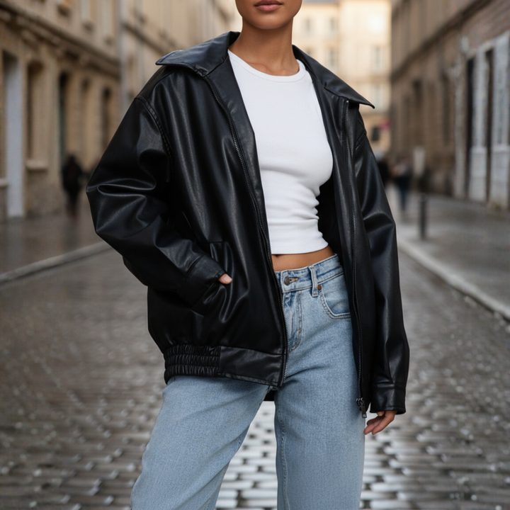 Giacca donna in similpelle con zip e colletto