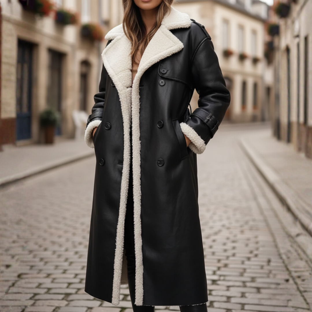 Cappotto Donna Pelle con Cappuccio Pelliccia Sintetica