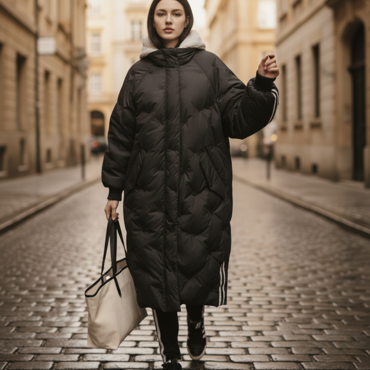 Piumino Lungo Donna in Tessuto Tecnico con Cappuccio