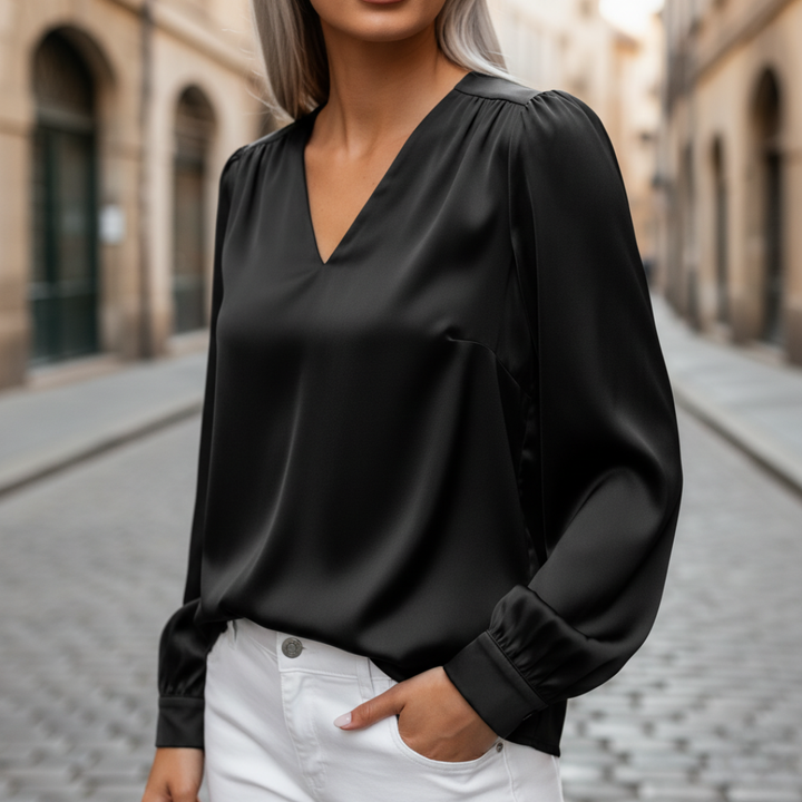 Blusa Satinata Donna Maniche Lunghe V Collo Materiale Setoso