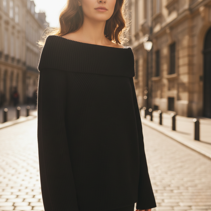 Maglia Donna Spalle Scoperte a Coste Misto Tessuti