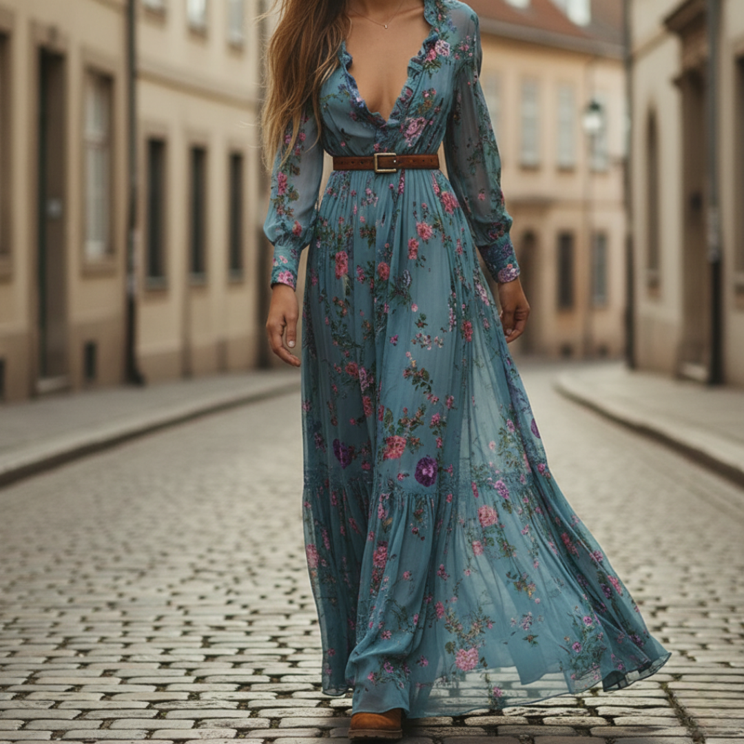 Abito Donna Lungo in Chiffon con Motivo Floreale