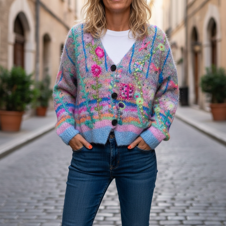 Donna Cardigan Maglia Ricamo Floreale