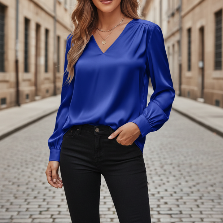 Blusa Satinata Donna Maniche Lunghe V Collo Materiale Setoso