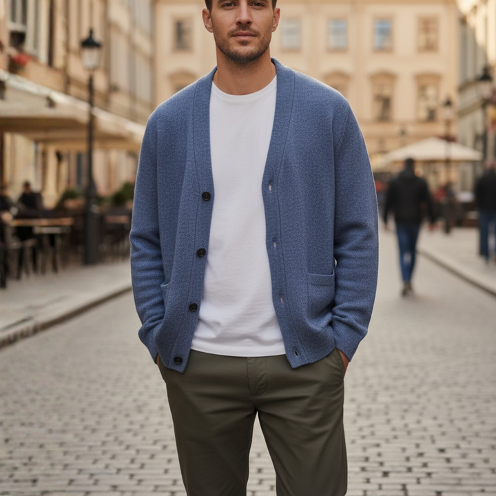 Cardigan Uomo con Bottoni e Colletto in Filato