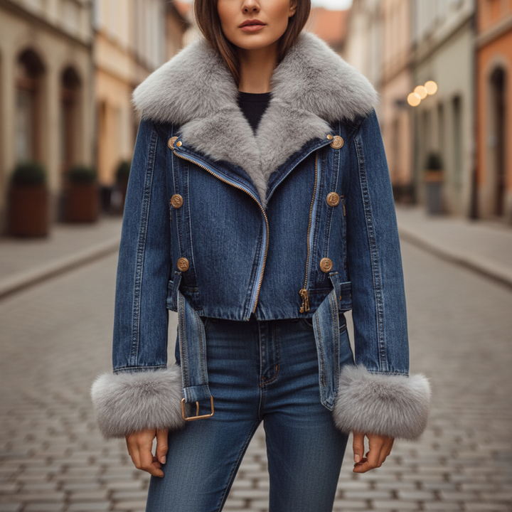 Giacca Donna Denim Con Collo In Pelliccia