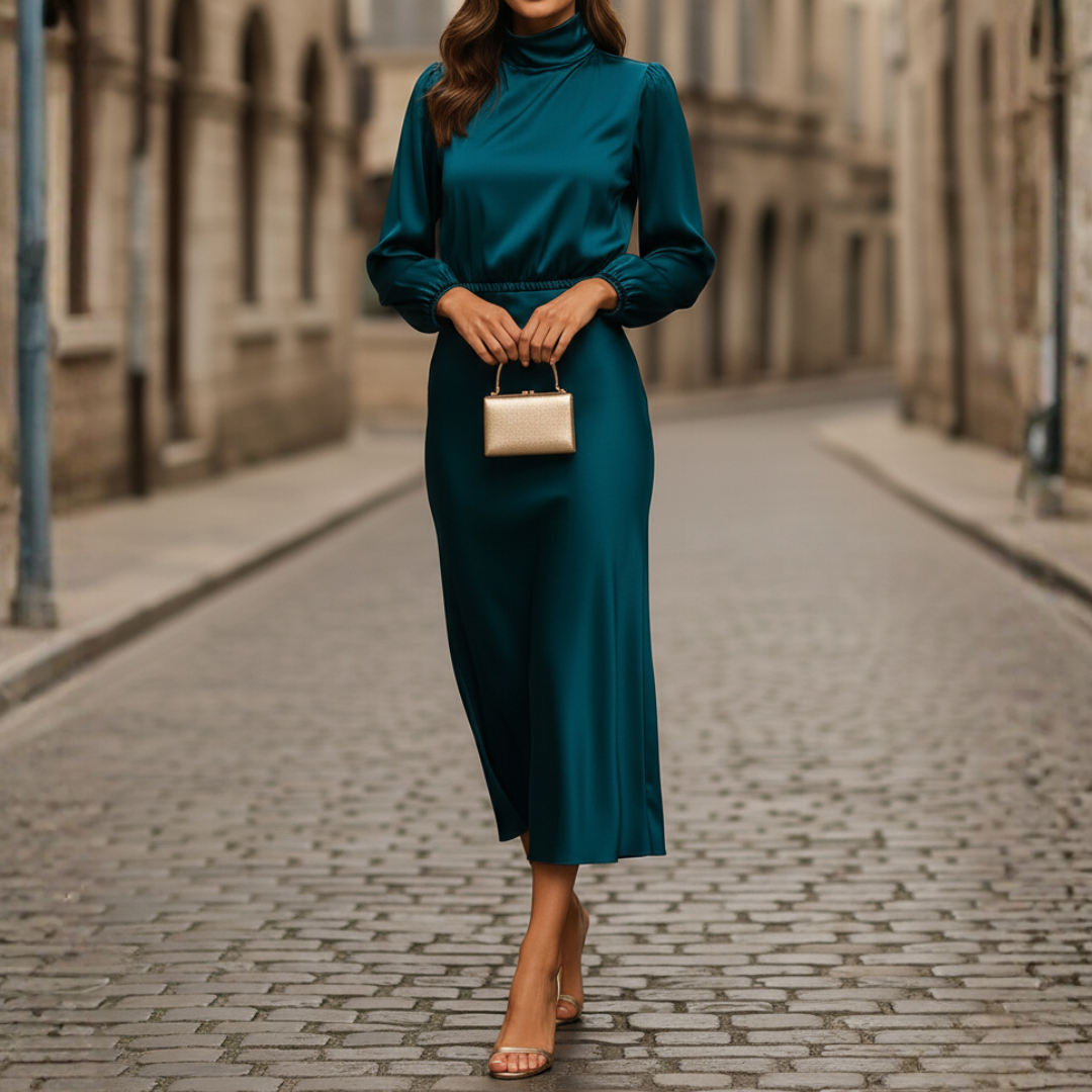 Abito Midi da Donna Satinato con Collo Alto