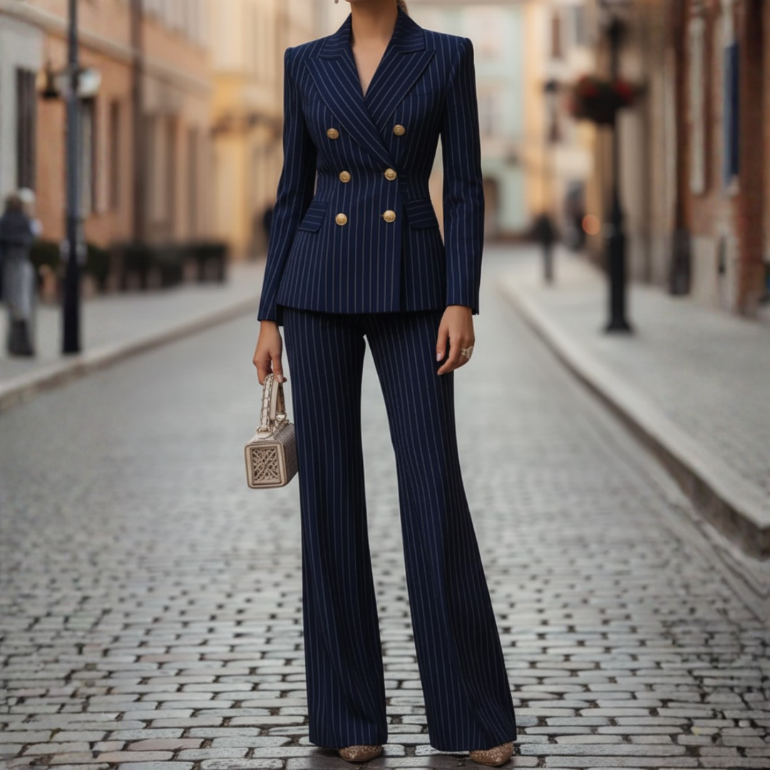 Abito Donna Completo Blazer Pantalone Strisce Blu Nero Tessuto