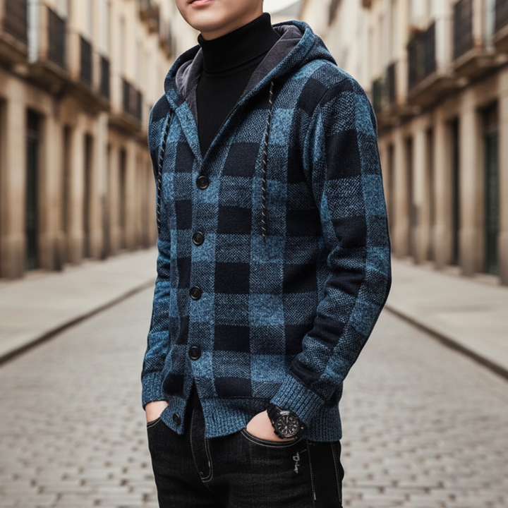 Cardigan Uomo con Cappuccio a Quadri – Giacca Invernale