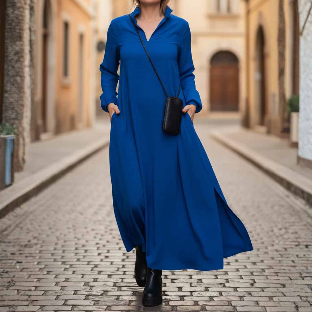Abito Lungo Donna Collo Alto con Tasche