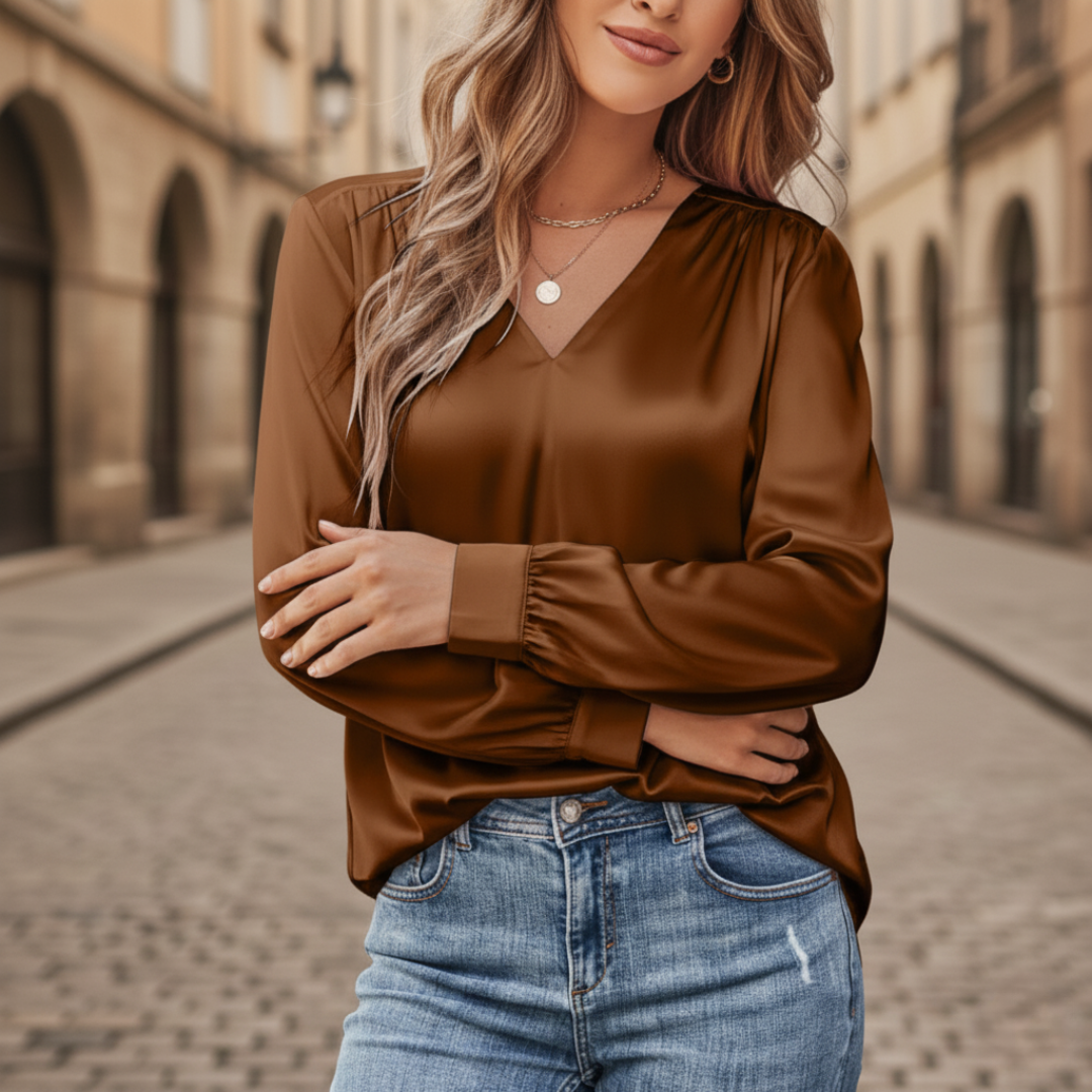 Blusa Satinata Donna Maniche Lunghe V Collo Materiale Setoso