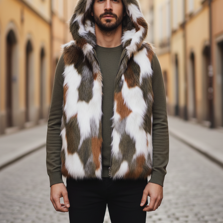Gilet Uomo in Pelliccia Sintetica con Cappuccio Disponibile