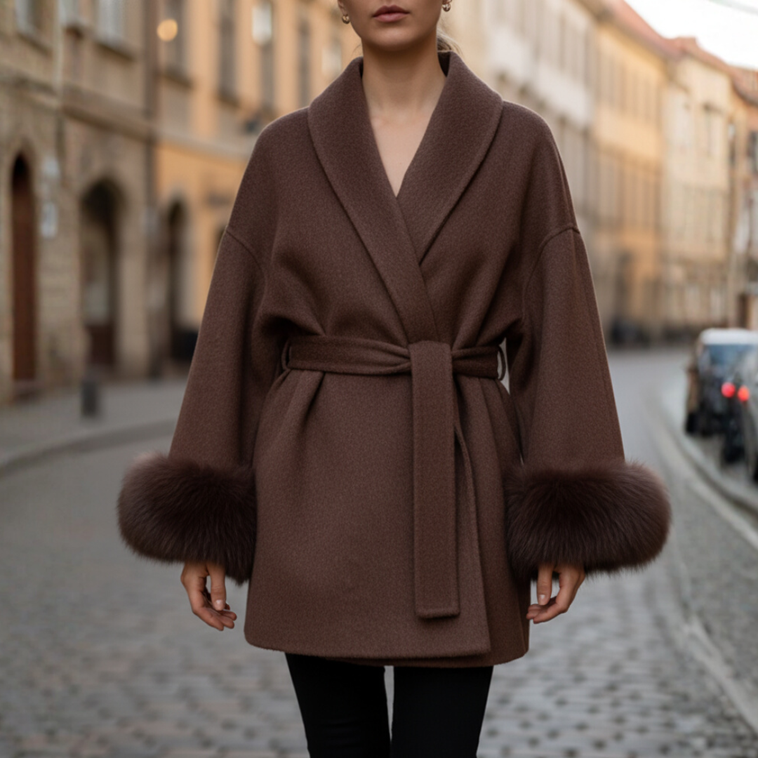 Cappotto Donna con Pelliccia Sintetica e Cintura
