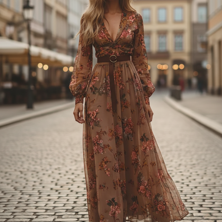 Abito Donna Lungo in Chiffon con Motivo Floreale