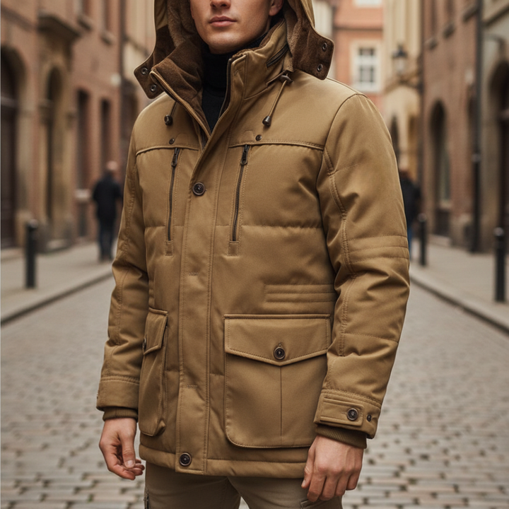 Giacca Uomo Impermeabile con Cappuccio e Interno Pelliccia