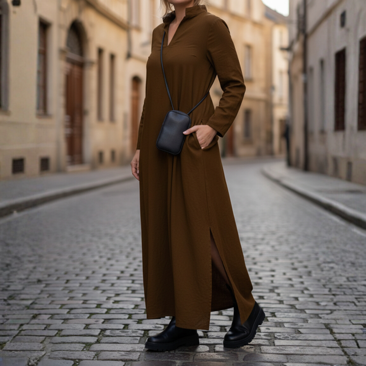Abito Lungo Donna Collo Alto con Tasche