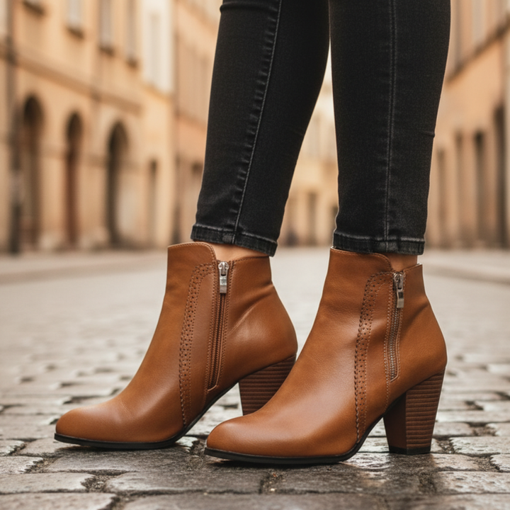 Stivaletti Donna in Pelle Sintetica con Tacco e Cerniera