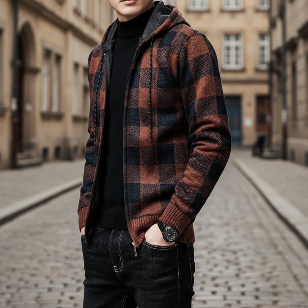 Cardigan Uomo con Cappuccio a Quadri – Giacca Invernale