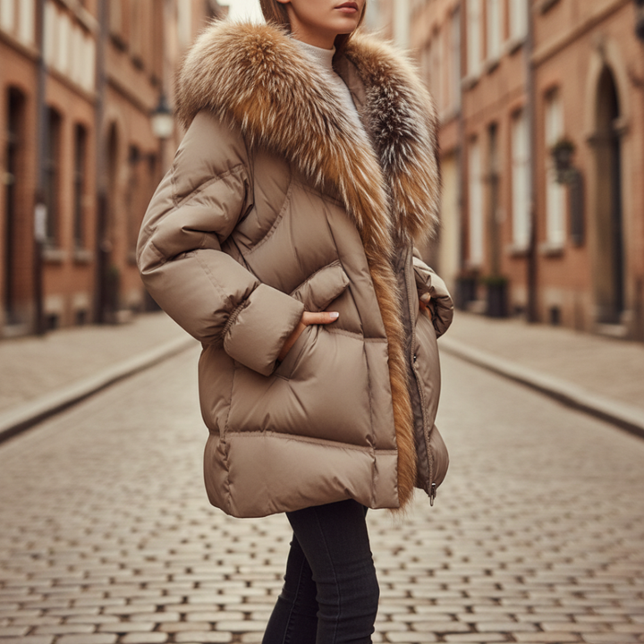 Piumino Donna in Tessuto Tecnico con Colletto in Pelliccia Sintetica