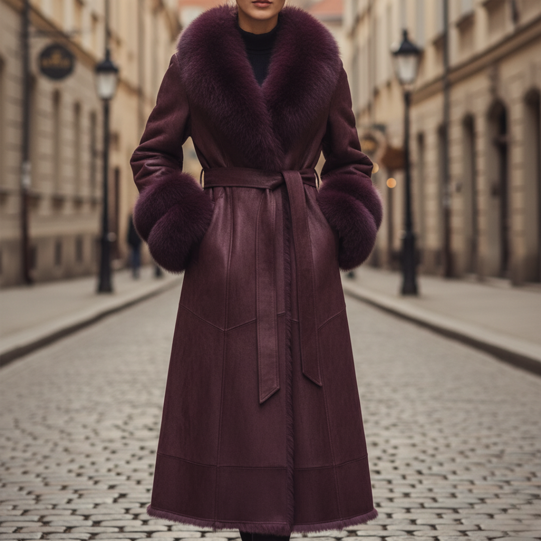 Cappotto Donna Lungo in Pelle Sintetica con Collare in Pelliccia